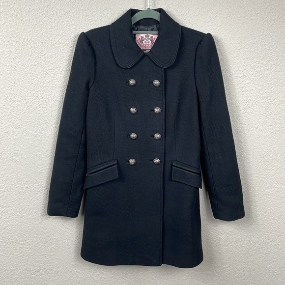 Juicy Couture Wool Blend Double Breasted Pea Coat Jacket Black Peter Pan Sz P - Picture 1 of 11